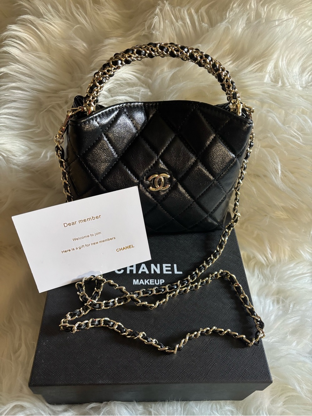 CC Black Beauty Quilted Makeup Shoulder Bag with Gold Chain